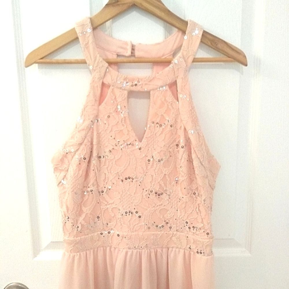 NWT Blush Pink Lace Sparkle Cutout Prom Dress Gown Size 11 - Picture 2 of 10